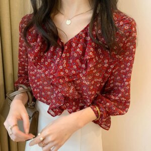 Chiffon Shirt Women’s 2023 Spring New Large Women’s V-neck Small Fresh Bottom Loose Fragmented Blouse Top