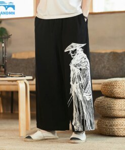 Chinese Style Oversized Pants Printed Linen Wide Leg Pants Streetwear Casual Pants Tai Chi Kung Fu Pants Men Straight Leg Pants