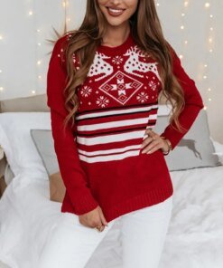 Christmas Sweater for Woman Casual Red Color Long Sleeve O Neck Elk Print Jumper Knitwear Winter Xmas Pullover Top Christmas