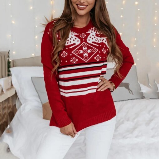 Buy Christmas Sweater for Woman Casual Red Color Long Sleeve O Neck Elk Print Jumper Knitwear Winter Xmas Pullover Top Christmas online shopping cheap