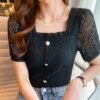 Buy Clothing Femme 2021 Short Sleeve Lace Women's Top Elegantes Square Collar Lace Spliced Dropshipping Blusas Female Shirts 0650 online shopping cheap
