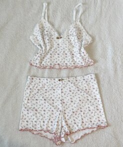 Coquette Floral Pajama Matching Sets Women 2 Pieces Lace Trim V Neck Crop Tops Camis + Shorts Outfits Fairy Y2K Cute Sleepwear