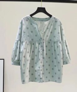 Cotton 100% Polka Dot Women Shirts Summer New 2022 O-Neck Half Sleeved Loose Casual All Match Female Outwear Coats Tops