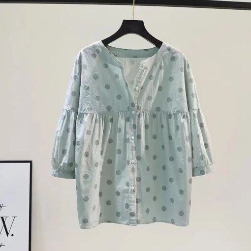 Buy Cotton 100% Polka Dot Women Shirts Summer New 2022 O-Neck Half Sleeved Loose Casual All Match Female Outwear Coats Tops online shopping cheap