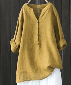 Cotton Linen Women Shirt Summer Vintage Solid Color Shirt Long Sleeve V Neck Buttons Half Placket Thin Casual Shirt Pullover Top
