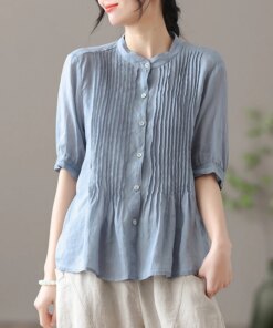 Cotton and Linen Women’s Shirt 2022 Summer Half Sleeve Pleated Casual Loose Top Summer Thin Blouse Elegant Lady