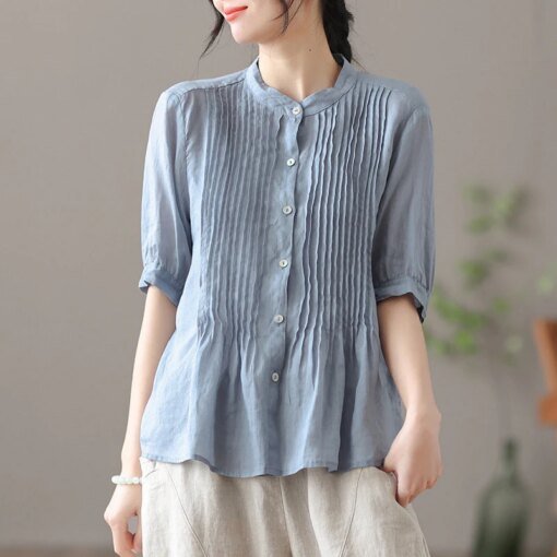 Buy Cotton and Linen Women's Shirt 2022 Summer Half Sleeve Pleated Casual Loose Top Summer Thin Blouse Elegant Lady online shopping cheap
