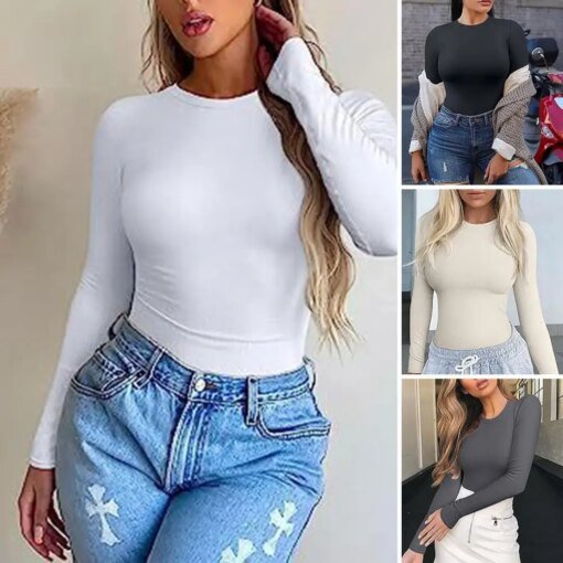 Buy Crew Neck Base Layer Shirt for Women Stylish Women's Long Sleeve Tops Soft Slim Fit Tee Shirts for Autumn/winter Fashion Bottom online shopping cheap