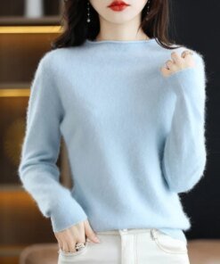 Crimping O-collar Mink Cashmere Sweater Women’s Basic Autumn/Winter Jacket With Loose Pullover Knitted Bottom Long Sleeve Tops