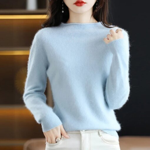 Buy Crimping O-collar Mink Cashmere Sweater Women's Basic Autumn/Winter Jacket With Loose Pullover Knitted Bottom Long Sleeve Tops online shopping cheap