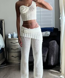 Crop Knitted Crochet Two Piece Set Outfits 2023 Women Fall Winter Clothes Elegant Luxury Crocheted Sweater 2 Piece Pant Sets