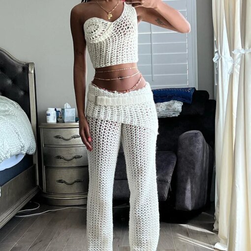 Buy Crop Knitted Crochet Two Piece Set Outfits 2023 Women Fall Winter Clothes Elegant Luxury Crocheted Sweater 2 Piece Pant Sets online shopping cheap