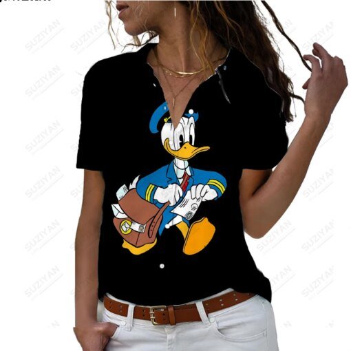 Buy Disney Michimini Black and White Simple and Generous Summer Short Sleeve Loose Button Women's Shirt 3D Printing Process 2023 online shopping cheap