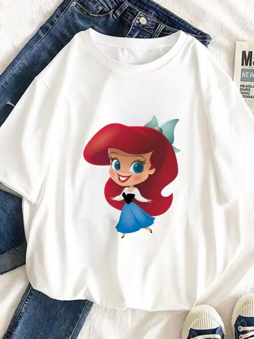 Buy Disney Women Summer T Shirt White All-Match New Products Lovely Princess Comfy Aesthetic T-Shirt Trendy Cartoon Sweet CrewNeck online shopping cheap