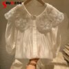 Buy Doll Collar Summer Lightweight Blouse Heavy Industry Rhinestone Beaded Design Sense Niche Puff Sleeve Shirt Cardigan Women's Top online shopping cheap