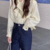 Buy Double Breasted Striped Shirts OL Fashion Designed Korean Style Chic Notched Collar All Match Elegant Slender Ulzzang Leisure online shopping cheap
