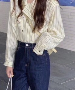 Double Breasted Striped Shirts OL Fashion Designed Korean Style Chic Notched Collar All Match Elegant Slender Ulzzang Leisure