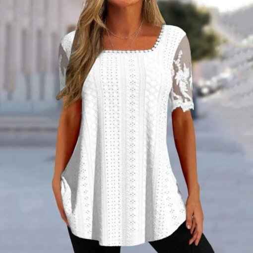 Buy Elegant Lace Sleeve Top Square Collar Women Top Stylish Summer Square Collar T-shirt Embroidered Flower Lace Patchwork for Women online shopping cheap