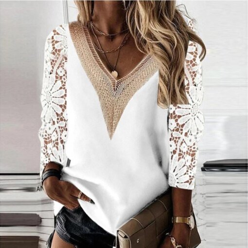 Buy Elegant Long Sleeve Blouse Women Tops Spring V-neck Stitching Hollow Out Lace Chiffon Shirt Casual Loose Clothes Blusas 25948 online shopping cheap