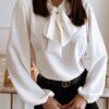 Buy Elegant Office Female Blouse Long Sleeve Bow Fashion Top Fall Winter Casual Women Shirts Black White Clothing online shopping cheap