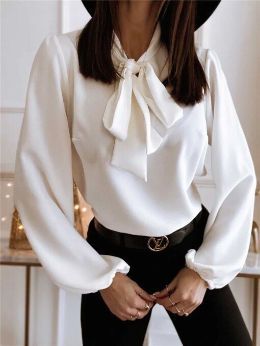 Buy Elegant Office Female Blouse Long Sleeve Bow Fashion Top Fall Winter Casual Women Shirts Black White Clothing online shopping cheap