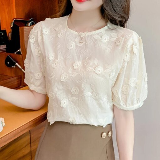 Buy Elegant Short Sleeve Blouse Casual Round Collar Shirt Summer Sweet Floral Embroidery Tops Women French Style Loose Clothes 26890 online shopping cheap