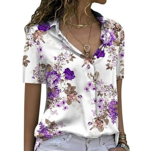Buy Elegant Short Sleeve Floral Women Shirts Casual Loose blouse Women 2023 Summer Fashion Tops Woman Y2k Ladies Top Blusas 21748 online shopping cheap