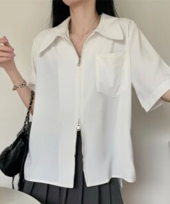 Elegant Short Sleeve Loose Zipper Shirt Women Summer Chic White Chiffon Blouse Women Turn-down Collar Irregular Lady Tops 26951