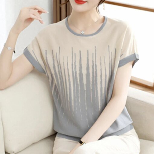 Buy Elegant Simple Summer Knitted Blouse Pullover Ice Silk Shirt Short Sleeve Women Print Casual Woman 2023 Loose O Neck Tops 27043 online shopping cheap