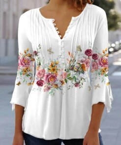 Elegant V-neck Short Sleeve Blouse Button T-shirt Casual Tops 2023 Spring Clothes Fashion Flower Print Shirt Blusas Mujer 25898