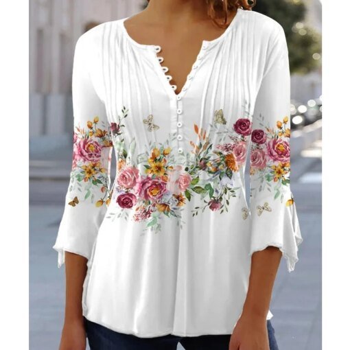 Buy Elegant V-neck Short Sleeve Blouse Button T-shirt Casual Tops 2023 Spring Clothes Fashion Flower Print Shirt Blusas Mujer 25898 online shopping cheap