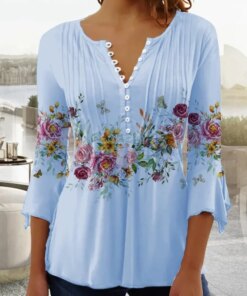 Elegant V-neck Short Sleeve Women Blouse Button Casual Tops 2023 Summer Fashion Flower Print Women’s Shirt Blusas Mujer 25898