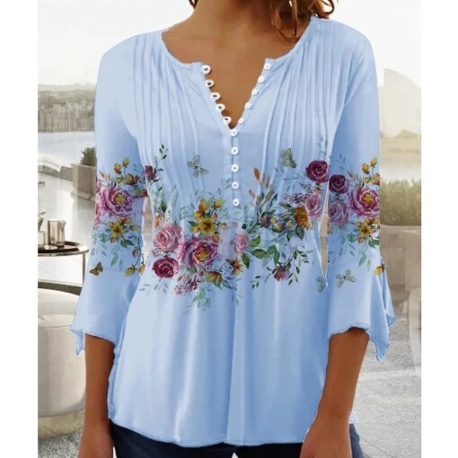 Buy Elegant V-neck Short Sleeve Women Blouse Button Casual Tops 2023 Summer Fashion Flower Print Women's Shirt Blusas Mujer 25898 online shopping cheap