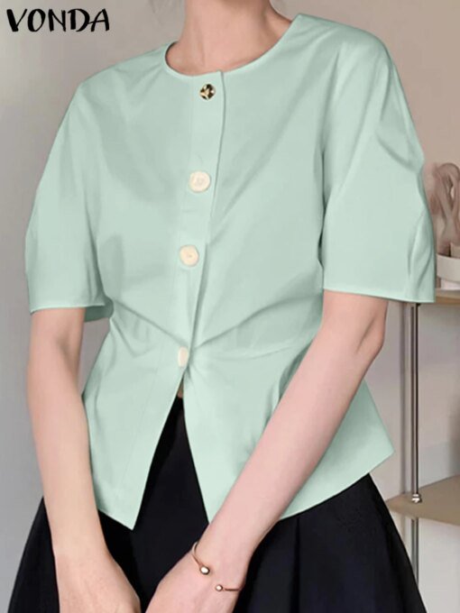 Buy Elegant Women Blouses VONDA Fashion Shirts 2023 Summer Buttons Short Sleeve Casual Solid Color Tunic Top Blusas Femme Streetwear online shopping cheap