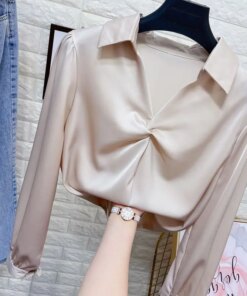 Elegant Women Chiffon Shirt Korean Blouse Office Long Sleeve V Neck Tops Casual Vintage Pullovers Blusas 2023 stain shirts Q471