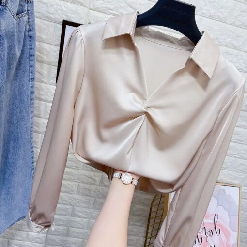 Buy Elegant Women Chiffon Shirt Korean Blouse Office Long Sleeve V Neck Tops Casual Vintage Pullovers Blusas 2023 stain shirts Q471 online shopping cheap