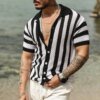 Buy Elegant Y2K Fashion Knit Short Sleeve Turn Down Collar Hollow Out Button POLO T-shirt Blouse Men Summer Stripe Shirt Top online shopping cheap