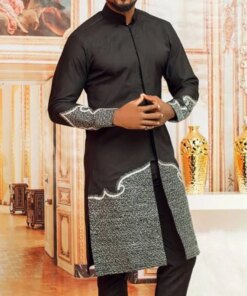 Embroidered Top and Solid Color Pants Men’s Set New African Ethnic Style Men’s Casual Set Muslim Clothing Set Men’s 2023 New