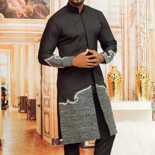Buy Embroidered Top and Solid Color Pants Men's Set New African Ethnic Style Men's Casual Set Muslim Clothing Set Men's 2023 New online shopping cheap