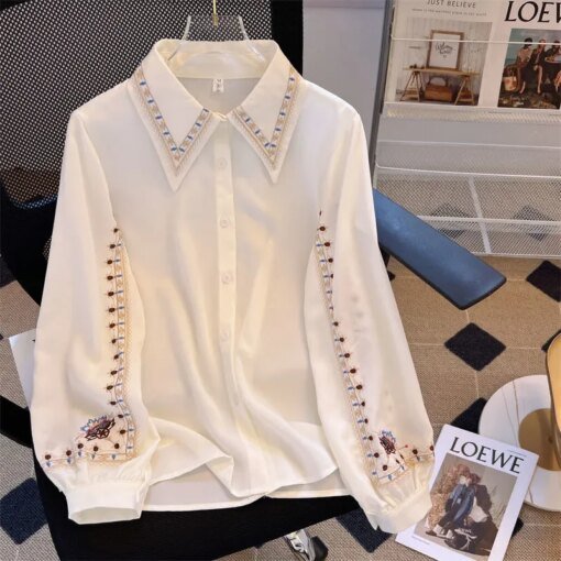 Buy Embroidered Women be all-match High Quality Female Elegant Blouses Ladies Work Wear Shirts White Floral Clothings Chiffon Tops online shopping cheap