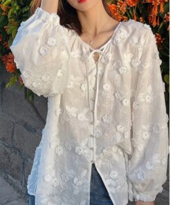 Embroidery White Shirt For Women 2023 Autumn New Elegant Chic Long Sleeve Oversized Blouses Office Ladies Button Up Casual Tops