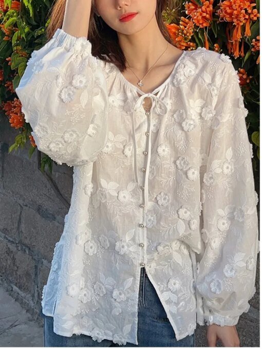 Buy Embroidery White Shirt For Women 2023 Autumn New Elegant Chic Long Sleeve Oversized Blouses Office Ladies Button Up Casual Tops online shopping cheap
