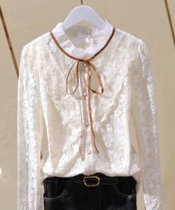 Fashion Design Lace Women Shirts Summer 2022 Ruffles Bow Neck Hollow Out Solid Long-Sleeved Elegant Office Lady Outwear Tops