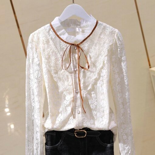 Buy Fashion Design Lace Women Shirts Summer 2022 Ruffles Bow Neck Hollow Out Solid Long-Sleeved Elegant Office Lady Outwear Tops online shopping cheap