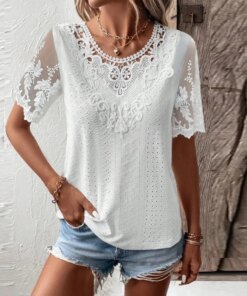 Fashion Embroidery Hollow Out Tops Vintage Short Sleeve Blouses White Shirt Women Casual Loose Shirts Solid Color Clothes 28304