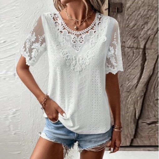 Buy Fashion Embroidery Hollow Out Tops Vintage Short Sleeve Blouses White Shirt Women Casual Loose Shirts Solid Color Clothes 28304 online shopping cheap