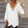 Buy Fashion Irregular Stitching Blouses Summer Women Casual V-Neck Pullover Tops Vintage Three Quarter Sleeve Hollow Out Shirts online shopping cheap