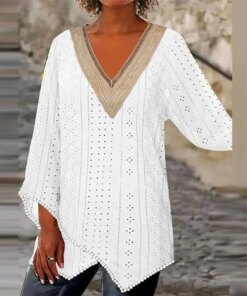 Fashion Irregular Stitching Blouses Summer Women Casual V-Neck Pullover Tops Vintage Three Quarter Sleeve Hollow Out Shirts