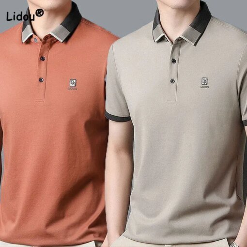 Buy Fashion Korean Solid Color Short Sleeve T-shirt 2023 Summer Male Clothes Business Office Men's Casual Embroidery Spliced Shirt online shopping cheap