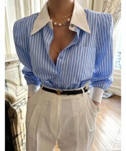 Fashion Lapel Patchwork Striped Blouses Women Tops Long Sleeve Single-breasted Loose Female Shirts Spring Blusas 8096